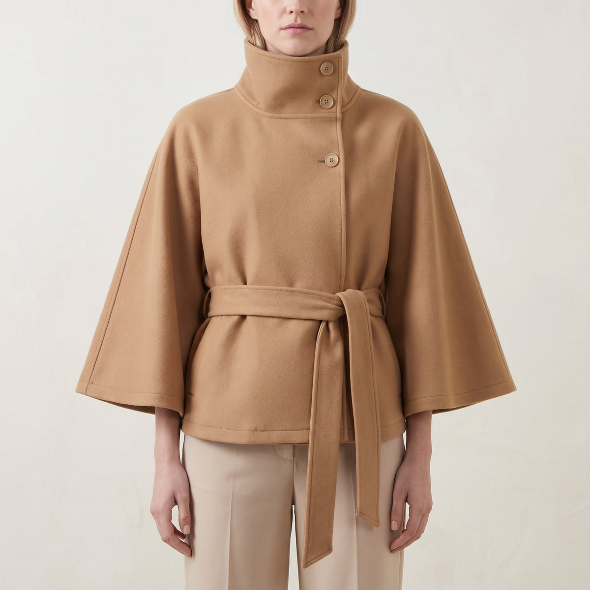 Sophia - Women's Belted Cape Coat with High Collar and Button Closure - Capes - Brown - Parker&Brooks