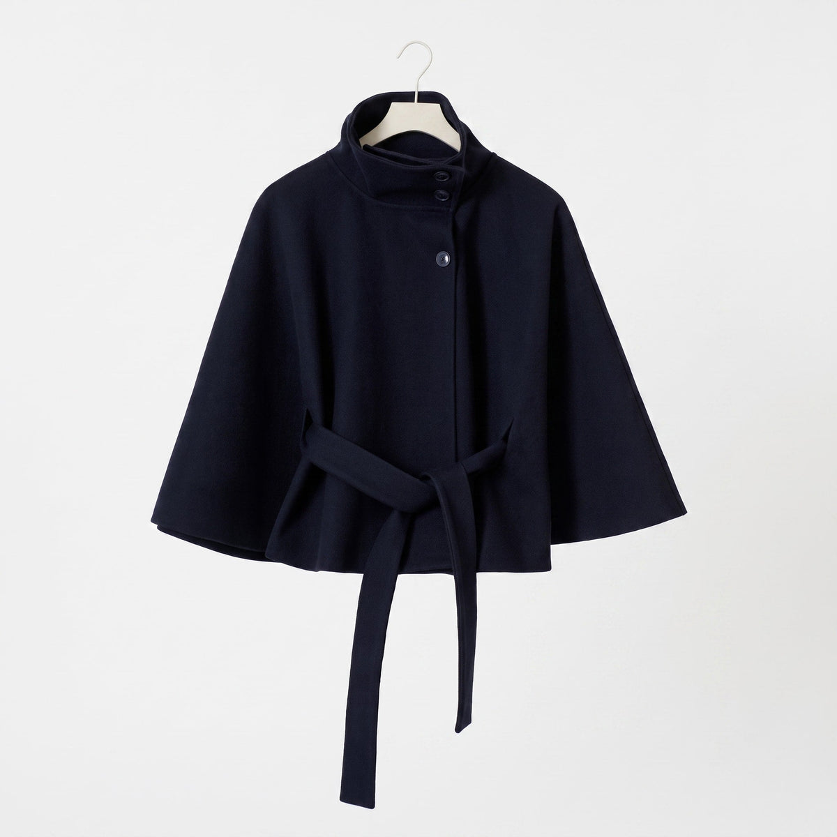 Sophia - Women's Belted Cape Coat with High Collar and Button Closure - Capes - Blue - Parker&Brooks
