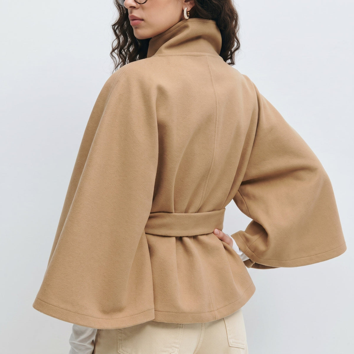 Sophia - Women's Belted Cape Coat with High Collar and Button Closure - Capes - Brown - Parker&Brooks