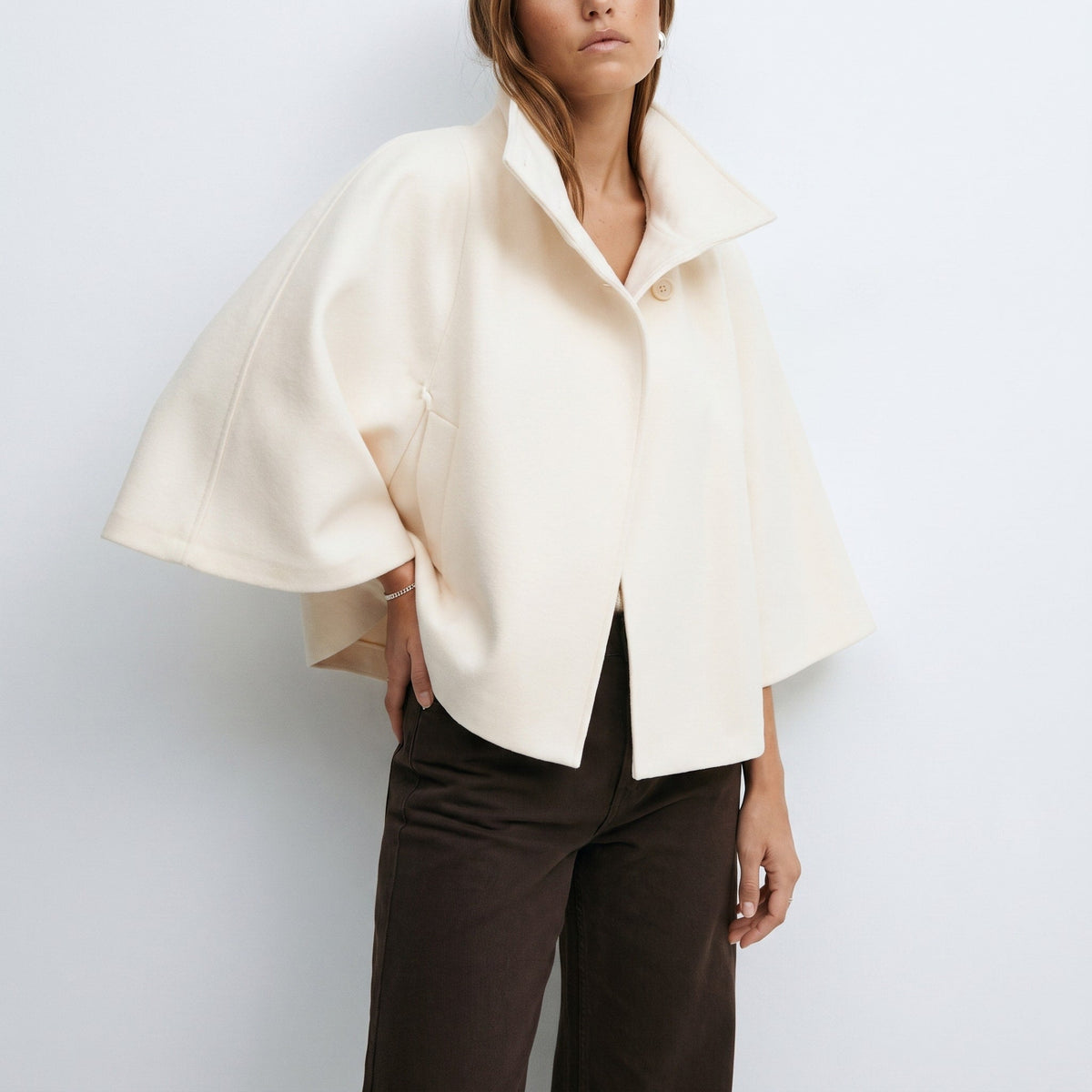 Sophia - Women's Belted Cape Coat with High Collar and Button Closure - Capes - Beige - Parker&Brooks