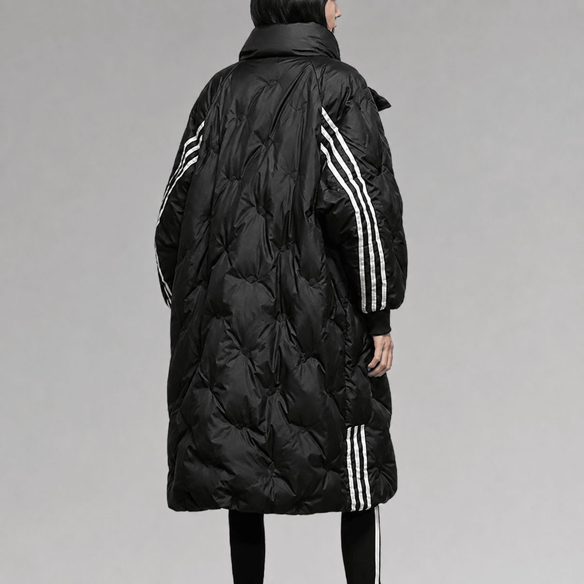 Sophia - Women's Hooded Longline Puffer Coat with Striped Cuffs - Puffer Jacket - Black - Parker&Brooks