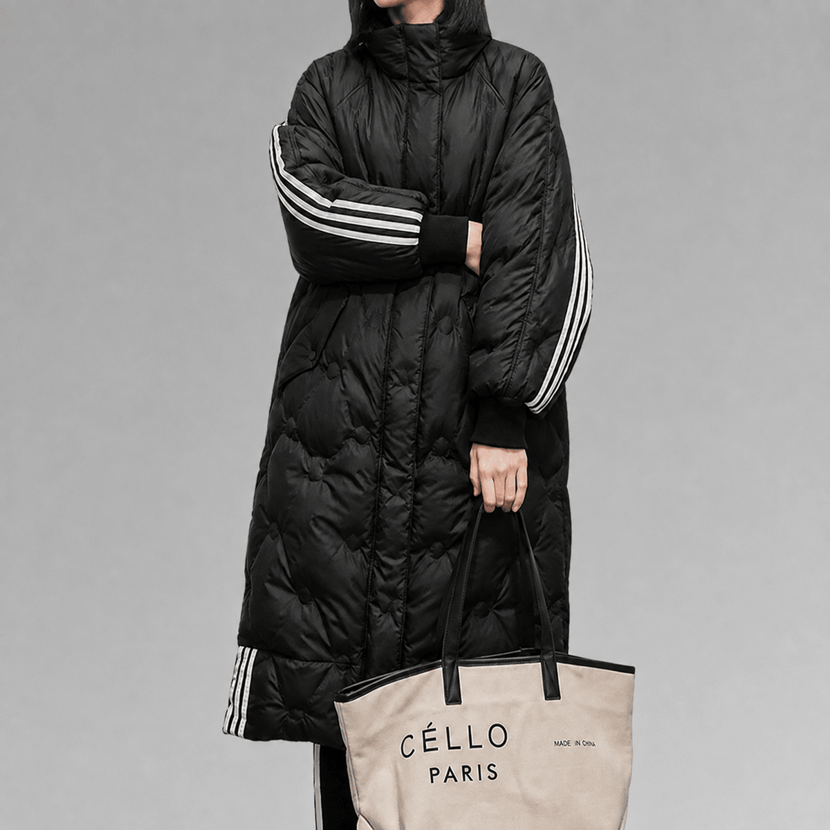 Sophia - Women's Hooded Longline Puffer Coat with Striped Cuffs - Puffer Jacket - Black - Parker&Brooks
