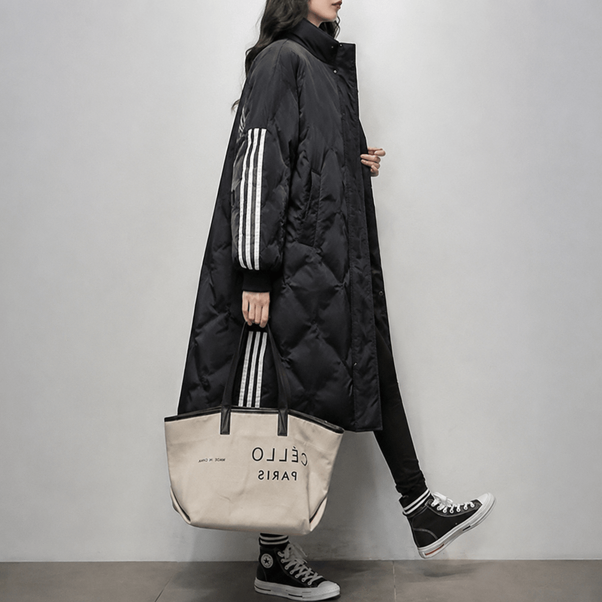 Sophia - Women's Hooded Longline Puffer Coat with Striped Cuffs - Puffer Jacket - Black - Parker&Brooks