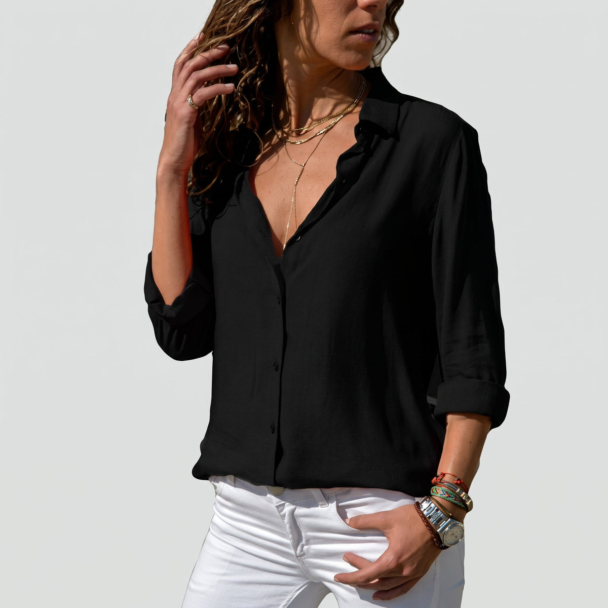 Sophia - Women's Long Sleeve Button-Down Collared Blouse - Blouses - Black - Parker&Brooks