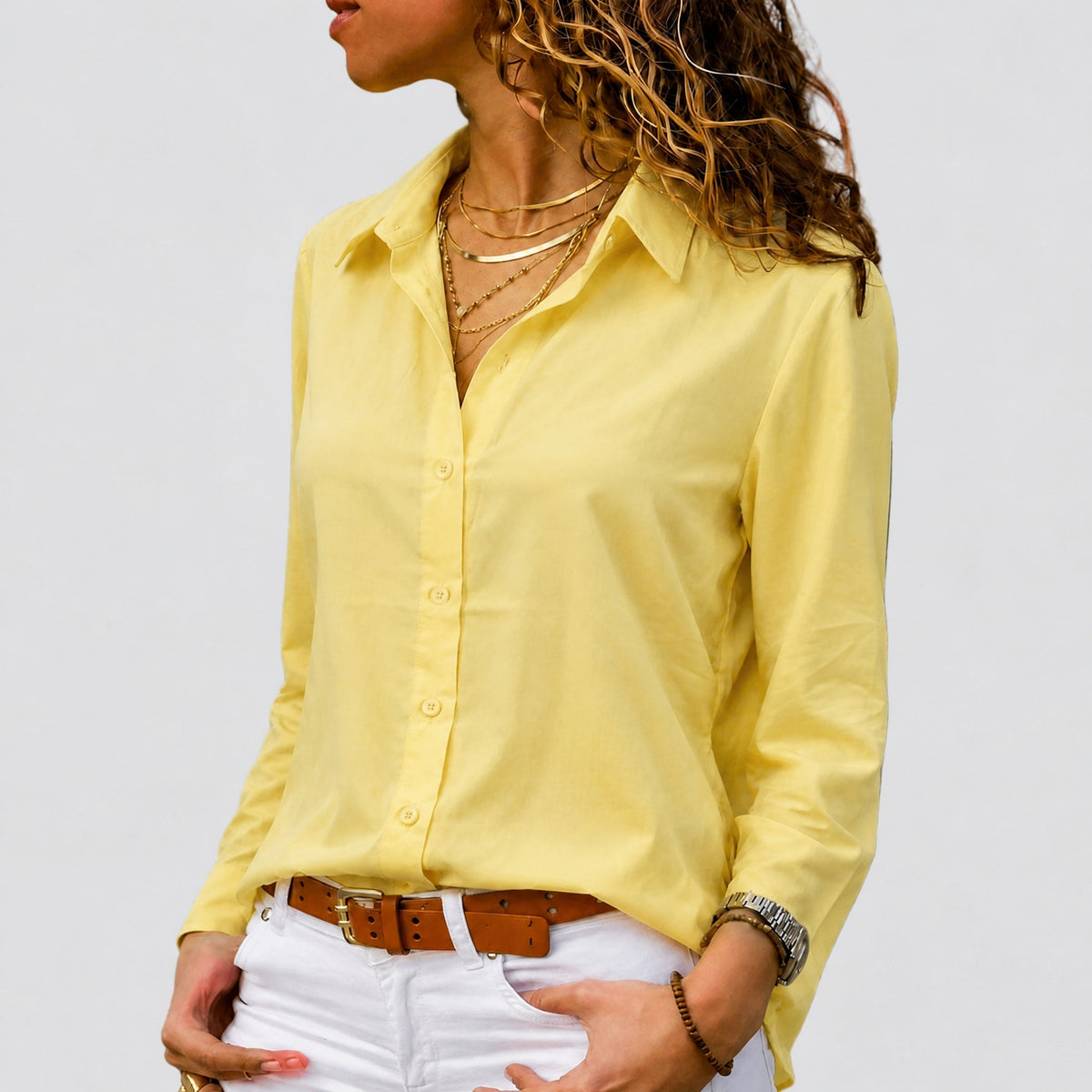 Sophia - Women's Long Sleeve Button-Down Collared Blouse - Blouses - Yellow - Parker&Brooks