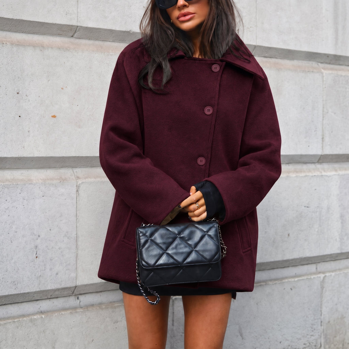 Sophia - Women's Oversized Wool-Blend Coat - Coats & Jackets - Dark Red - Parker&Brooks