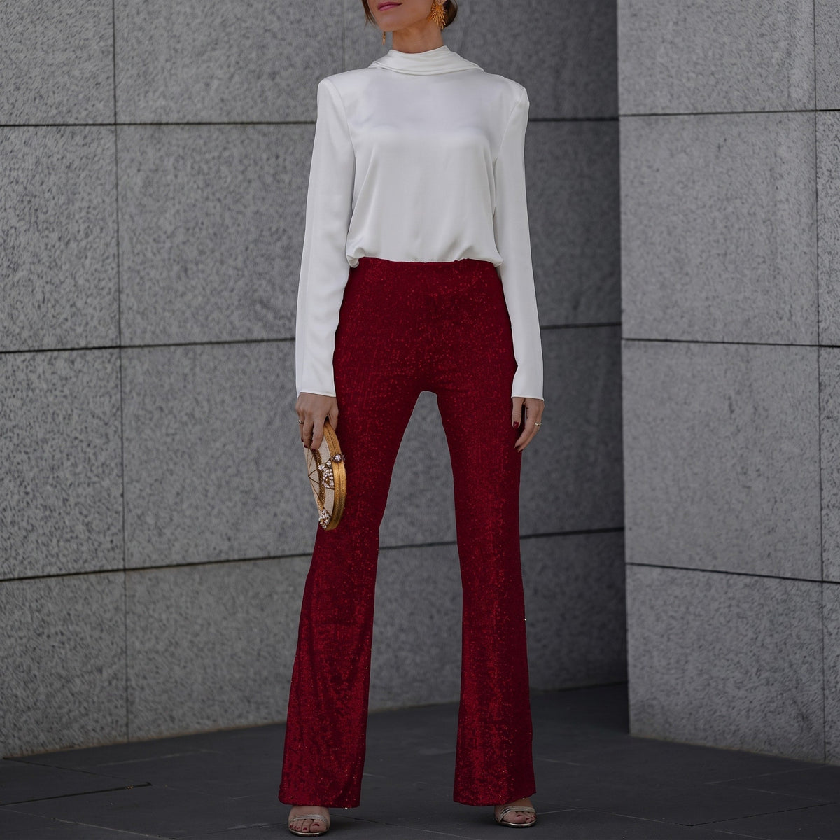 Sophia - Women's Sequin High-Waisted Flare Trousers - Trousers - Wine Red - Sarvento