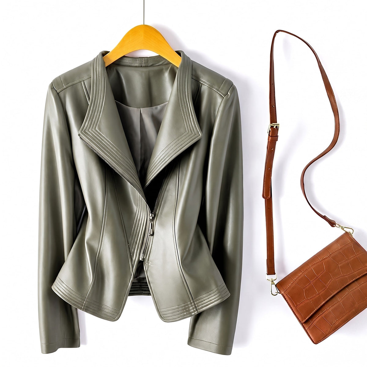 Sophia - Women's Structured Asymmetrical Zip Moto Jacket - Motorcycle Outerwear - Green - Parker&Brooks