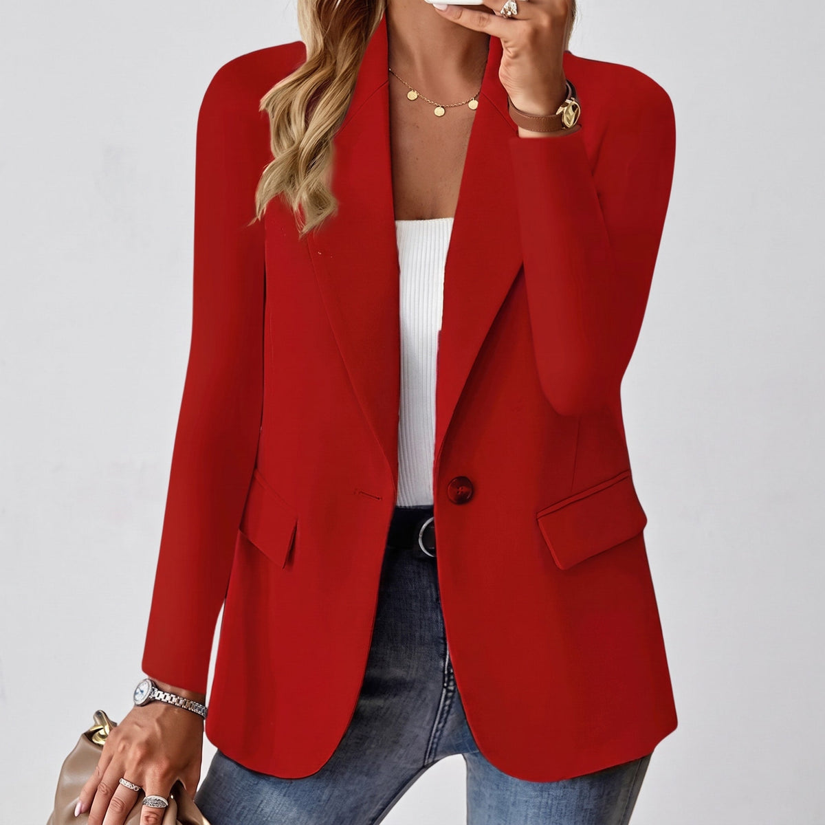 Sophia - Women's Tailored Single-Breasted Blazer with Notch Lapel - Blazers - Red - Sarvento