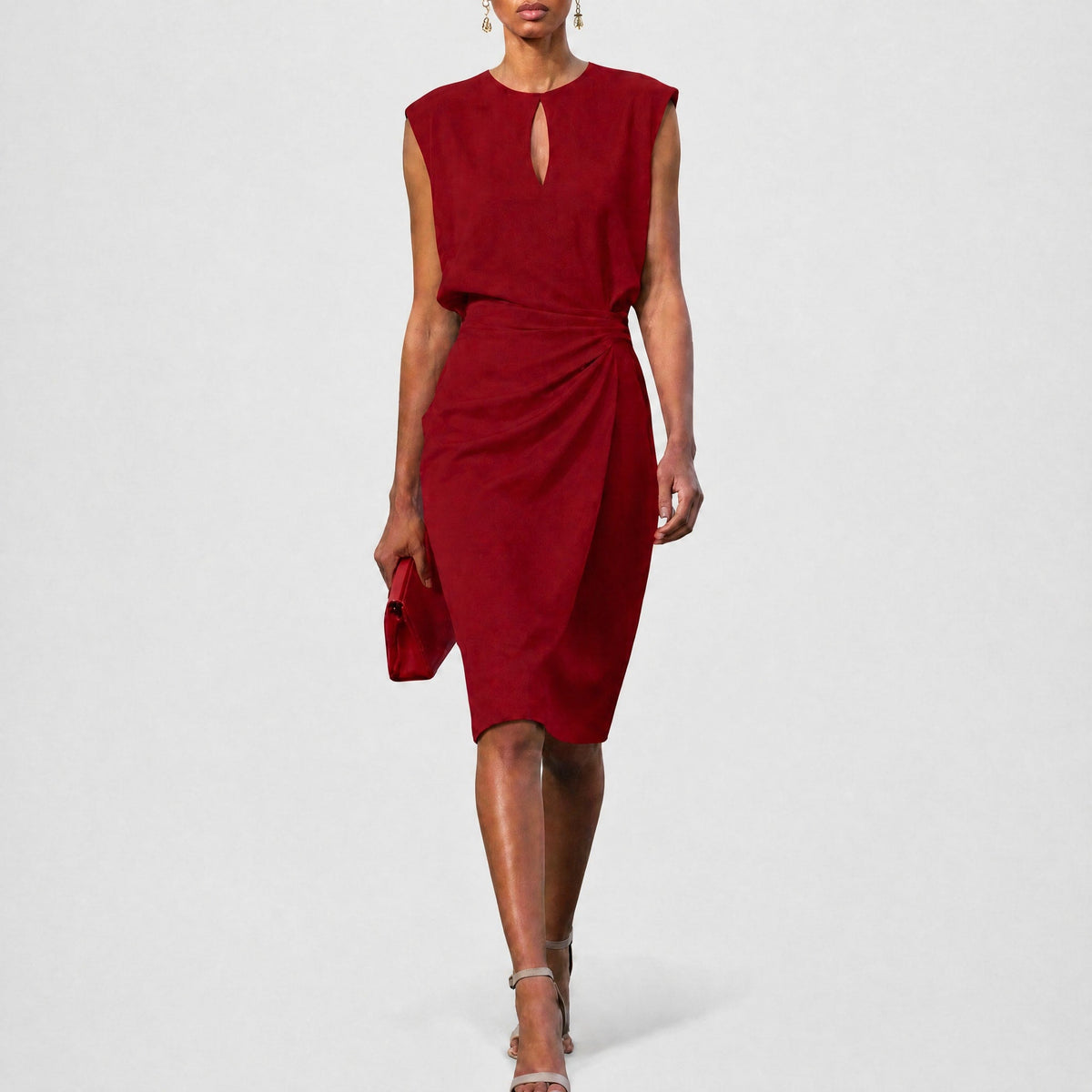 Sophia - Women's Wrap Front Midi Dress with Ruched Waist - Dresses - Red - Parker&Brooks