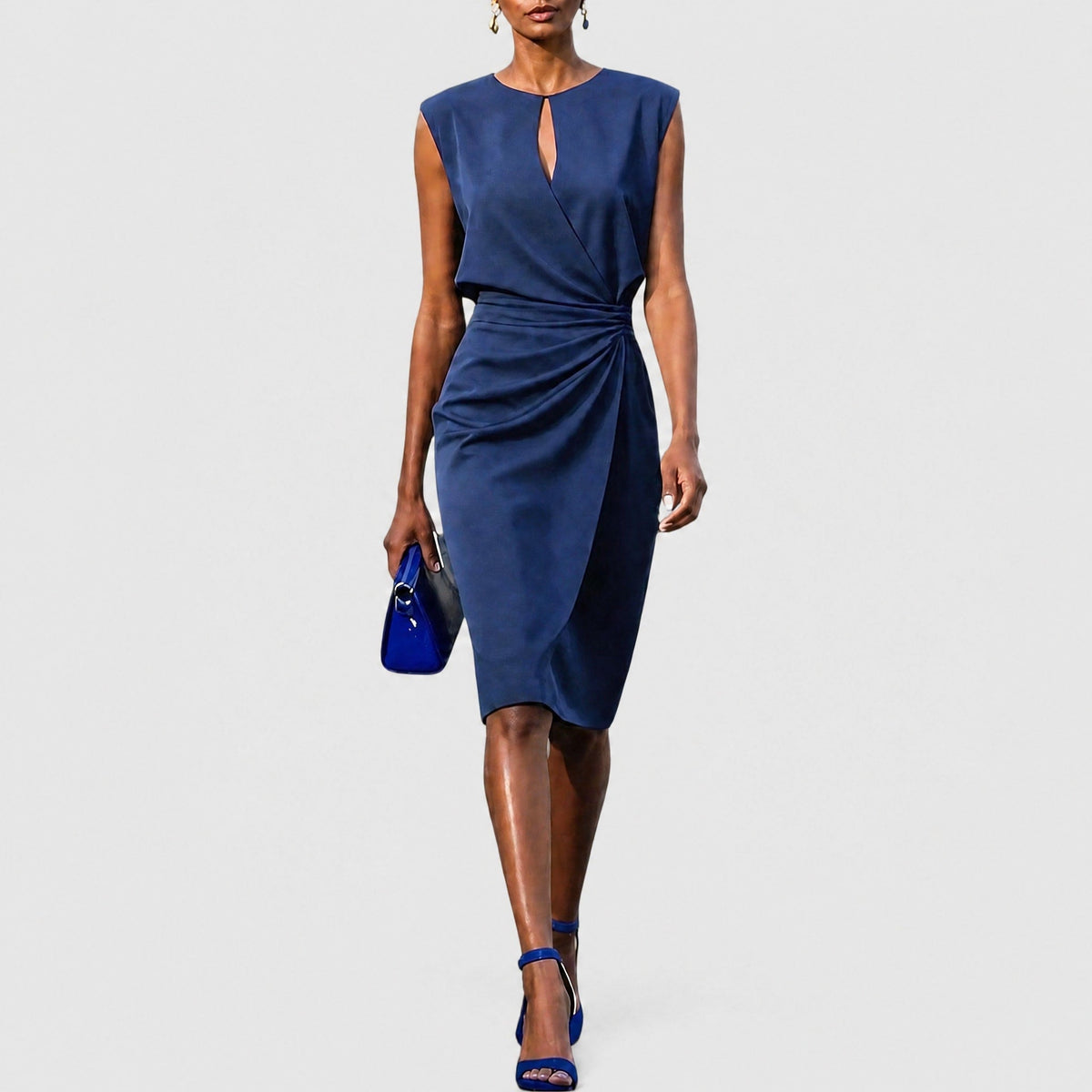 Sophia - Women's Wrap Front Midi Dress with Ruched Waist - Dresses - Navy Blue - Parker&Brooks