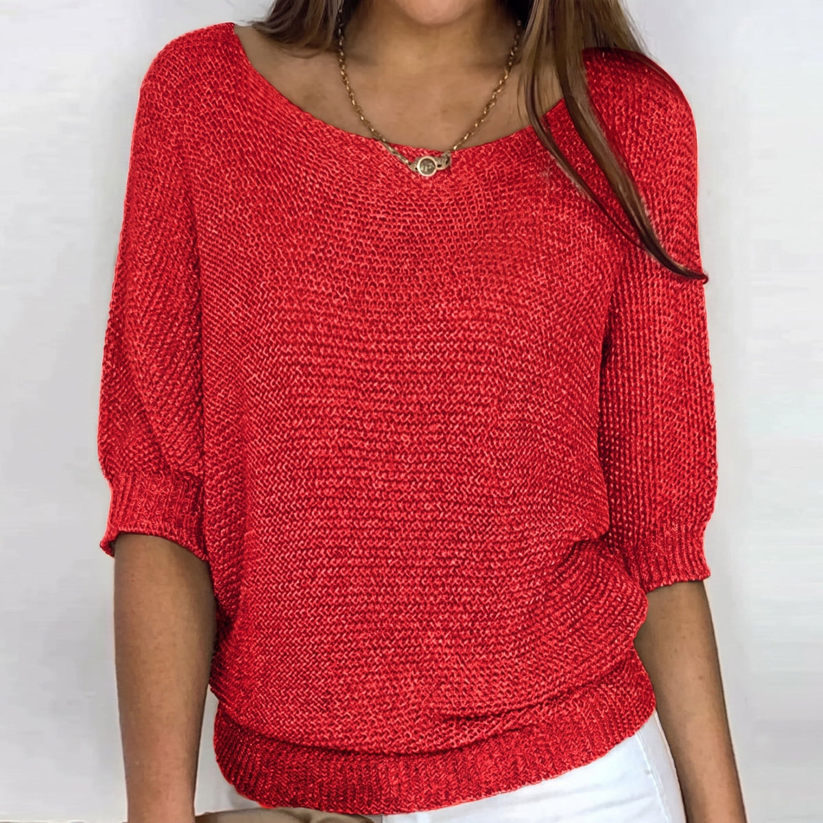 Sophie - Women's Batwing Sleeve Knit Sweater with Boat Neck - Sweater - Red - Sarvento