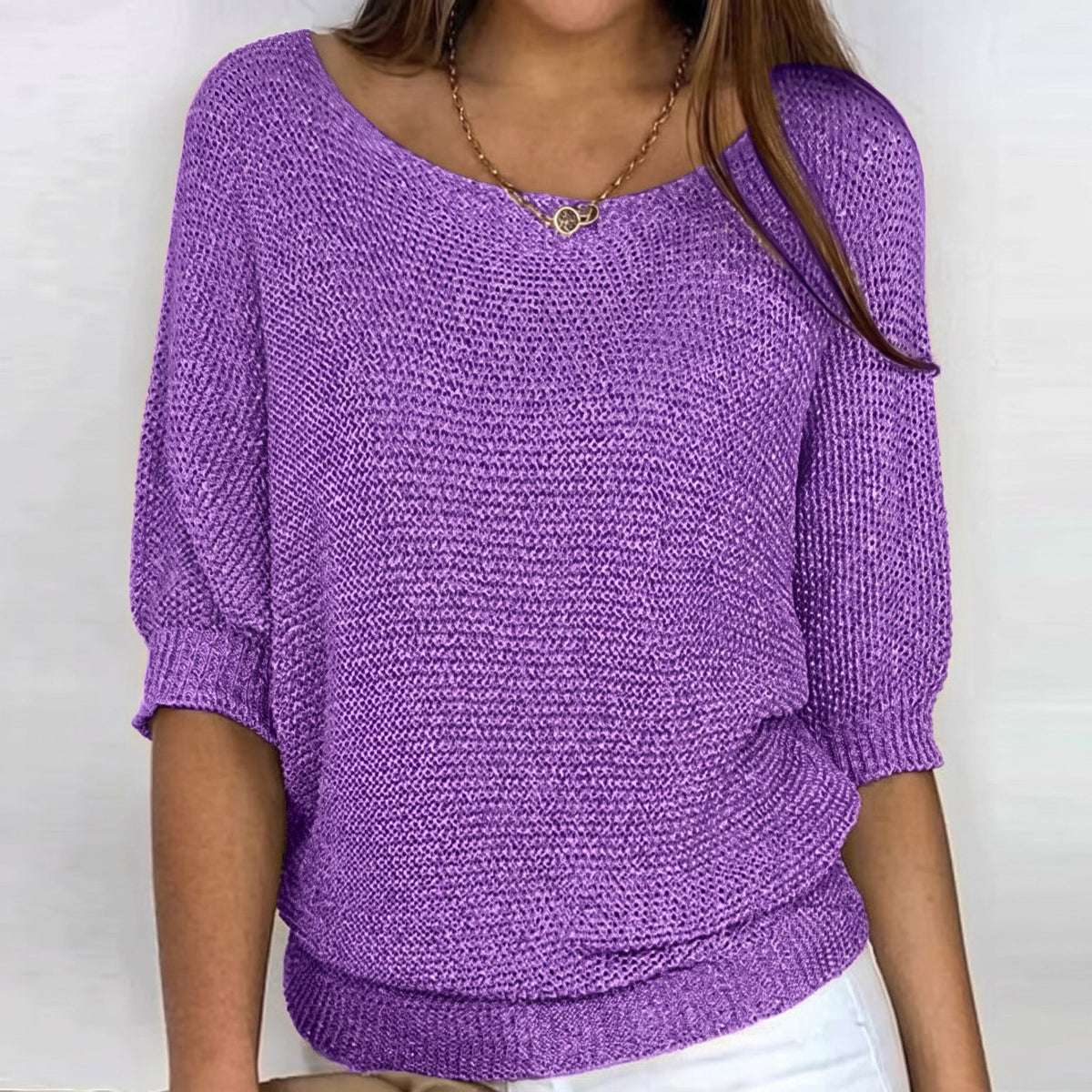 Sophie - Women's Batwing Sleeve Knit Sweater with Boat Neck - Sweater - Purple - Sarvento