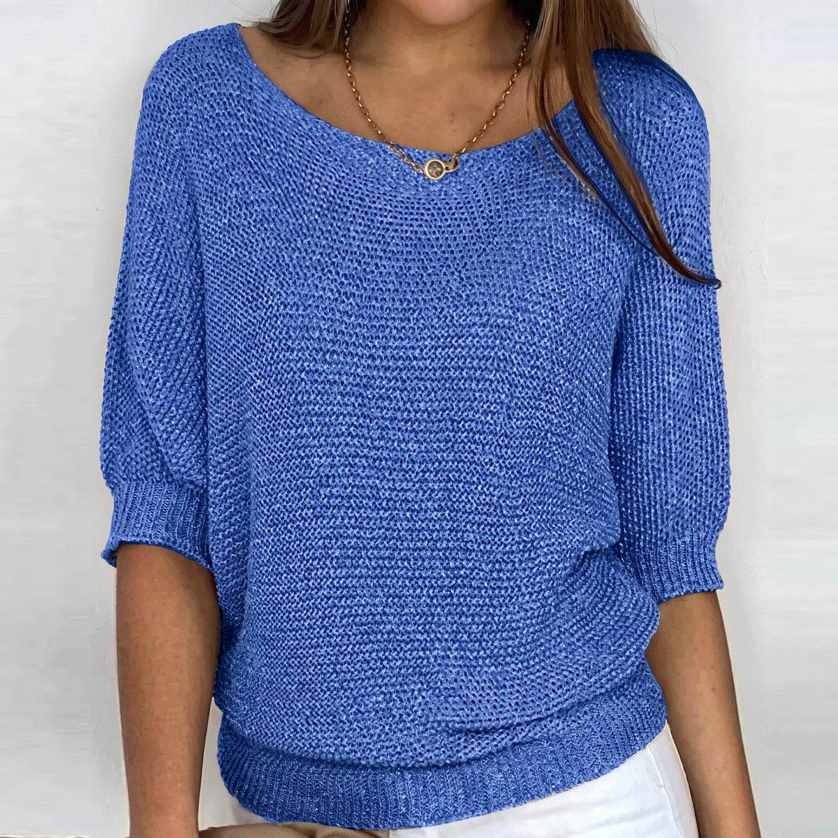 Sophie - Women's Batwing Sleeve Knit Sweater with Boat Neck - Sweater - Blue - Sarvento