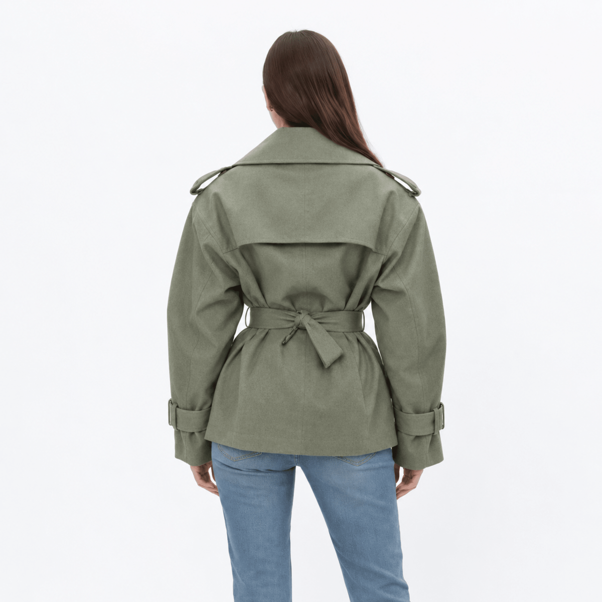 Sophie - Women's Belted Cropped Trench Jacket with Notch Lapel - Trench Coats - Green - Parker&Brooks