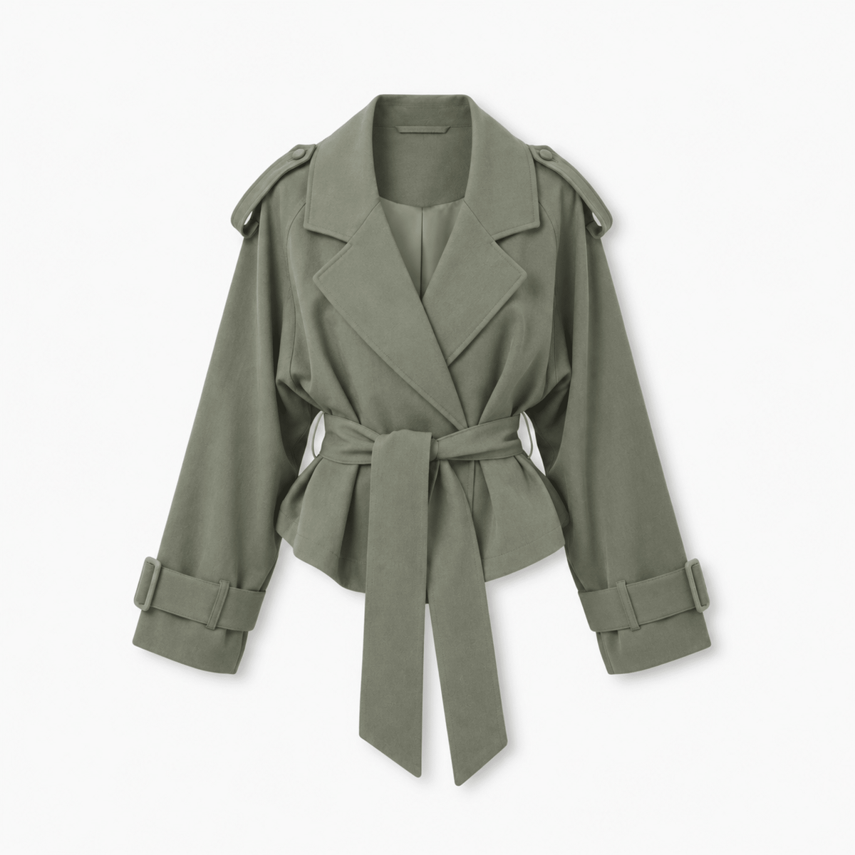 Sophie - Women's Belted Cropped Trench Jacket with Notch Lapel - Trench Coats - Green - Parker&Brooks