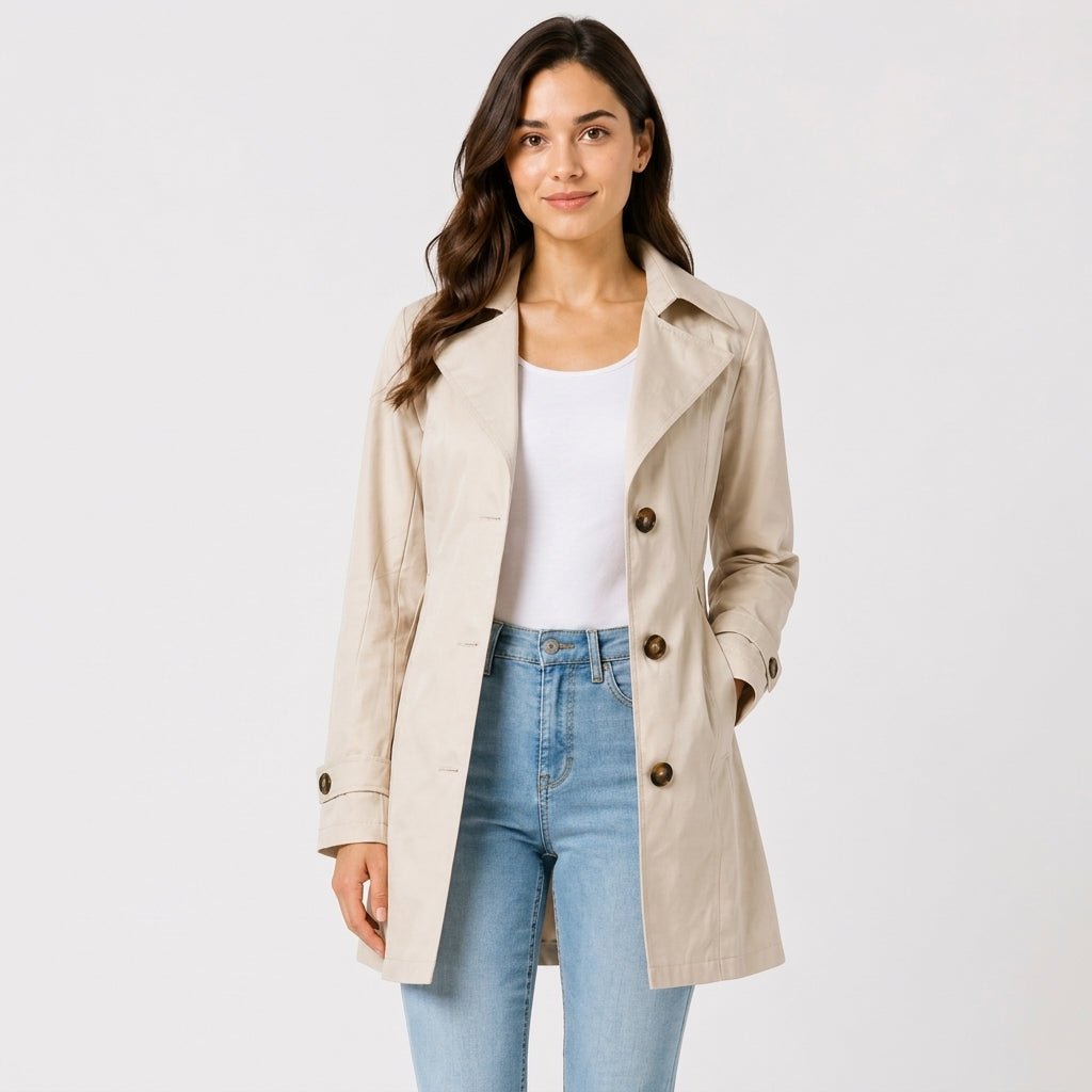 Sophie - Women's Belted Trench Coat with Notch Lapel Collar - Trench Coats - Beige - Parker&Brooks