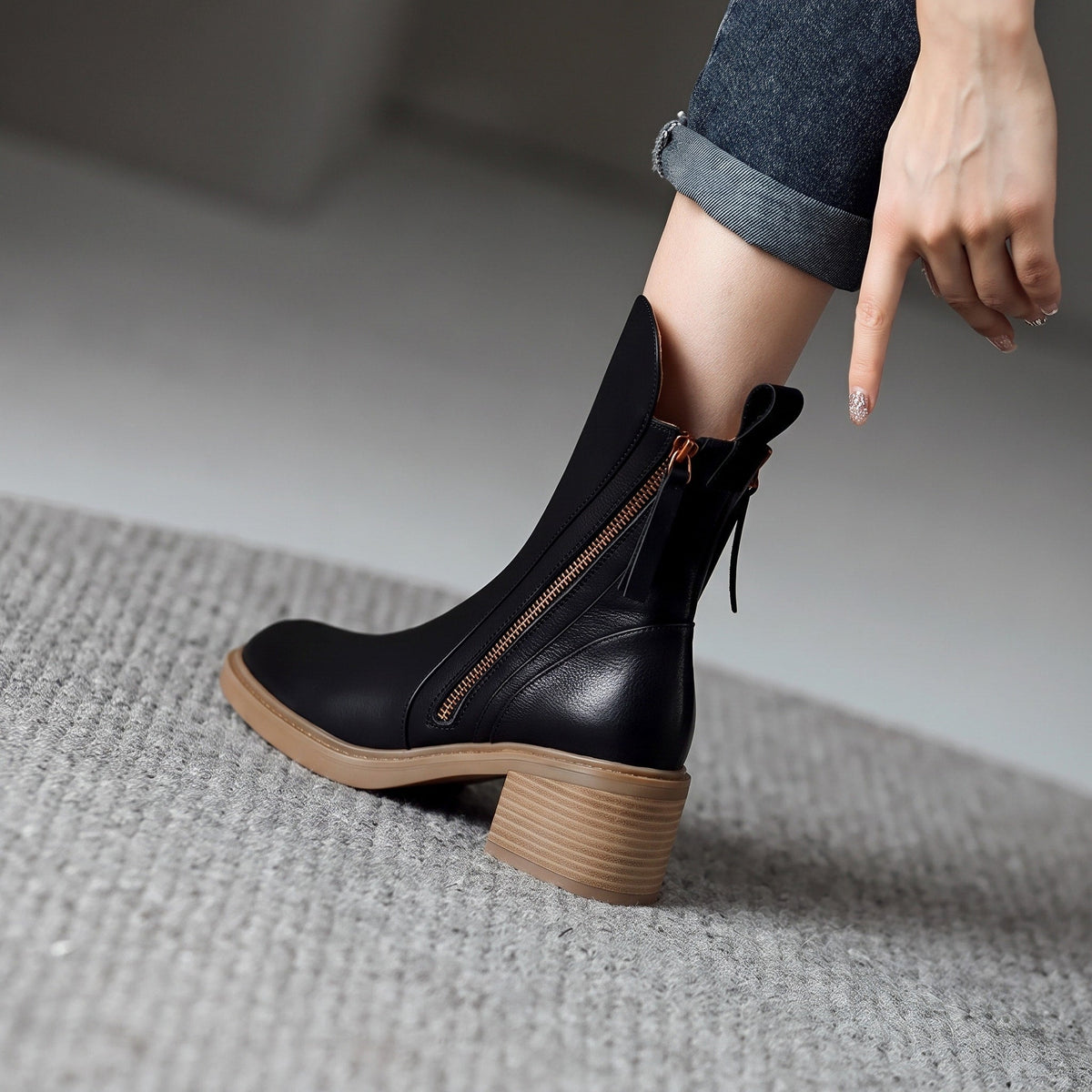 Sophie - Women's Block Heel Ankle Boots with Double Zipper - Boots - Black - Parker&Brooks