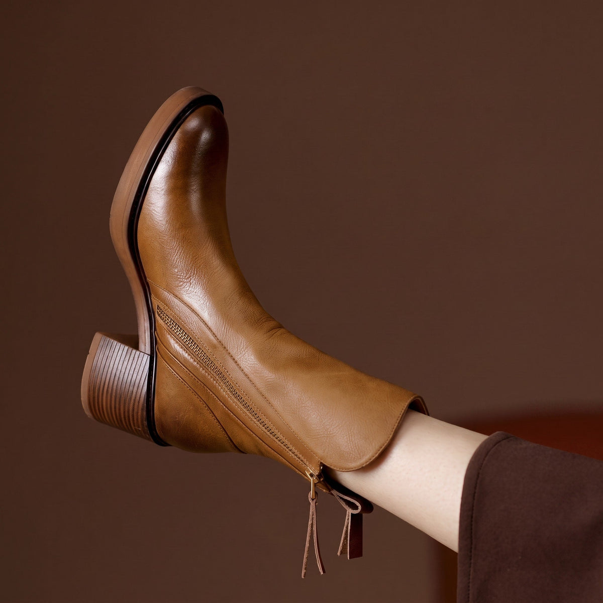 Sophie - Women's Block Heel Ankle Boots with Double Zipper - Boots - Brown - Parker&Brooks