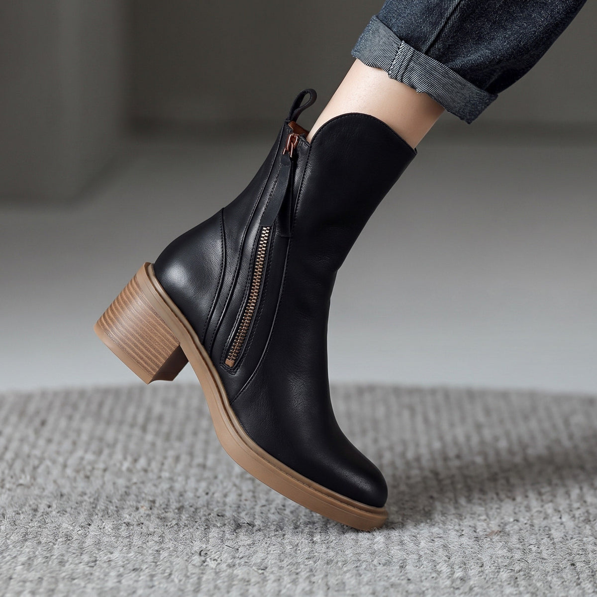 Sophie - Women's Block Heel Ankle Boots with Double Zipper - Boots - Black - Parker&Brooks