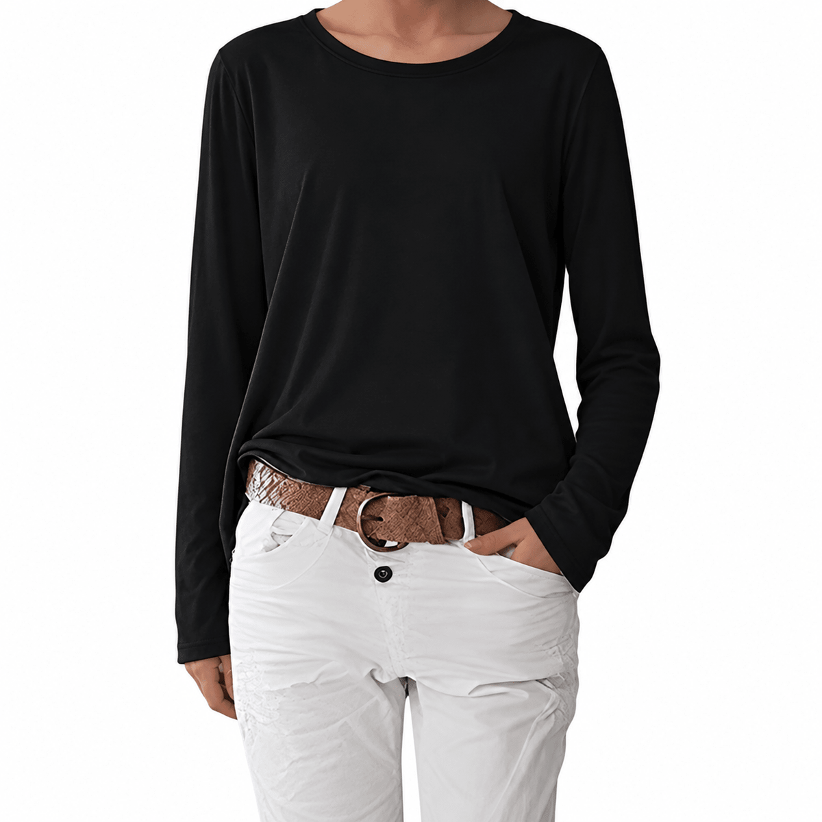 Sophie - Women's Boat Neck Relaxed Fit Long Sleeve Top - Blouses - Black - Sarvento