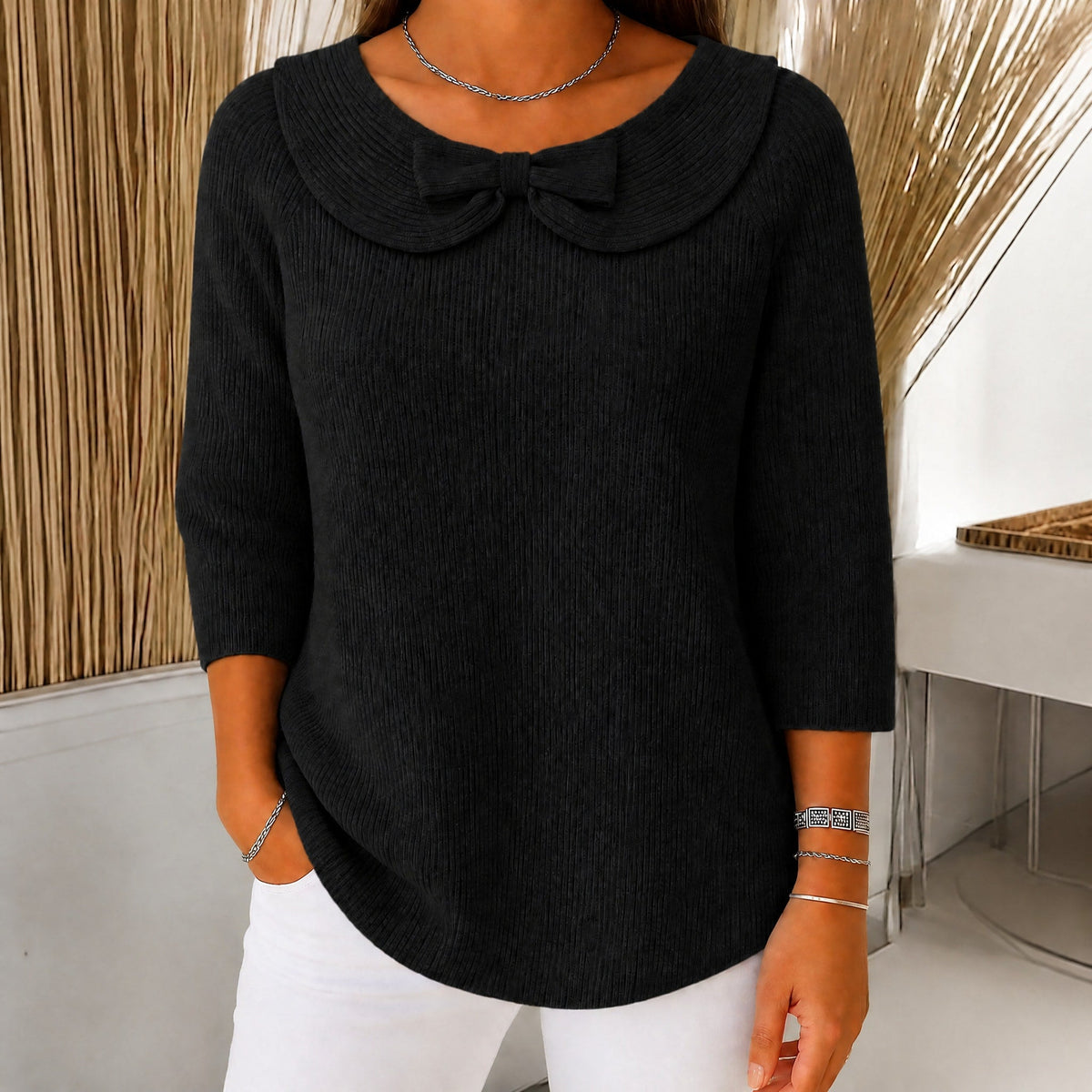 Sophie - Women's Bow Collar Ribbed Knit Sweater with Three-Quarter Sleeves - Sweaters - Black - Parker&Brooks