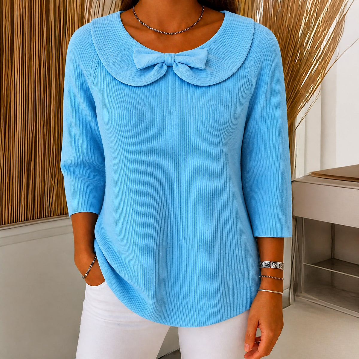 Sophie - Women's Bow Collar Ribbed Knit Sweater with Three-Quarter Sleeves - Sweaters - Blue - Parker&Brooks