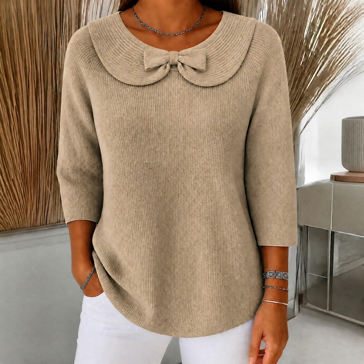 Sophie - Women's Bow Collar Ribbed Knit Sweater with Three-Quarter Sleeves - Sweaters - Khaki - Parker&Brooks