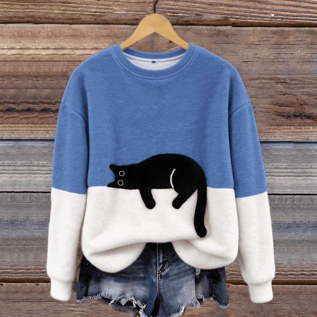 Sophie - Women's Cat Print Colorblock Crew Neck Pullover Sweater - Sweater - Blue - Sarvento