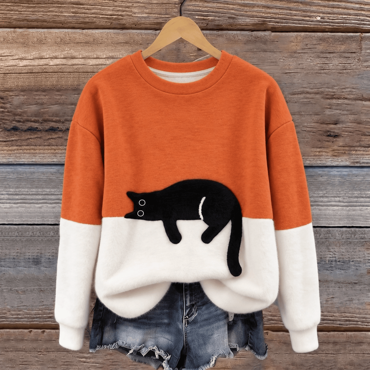 Sophie - Women's Cat Print Colorblock Crew Neck Pullover Sweater - Sweater - Orange - Sarvento