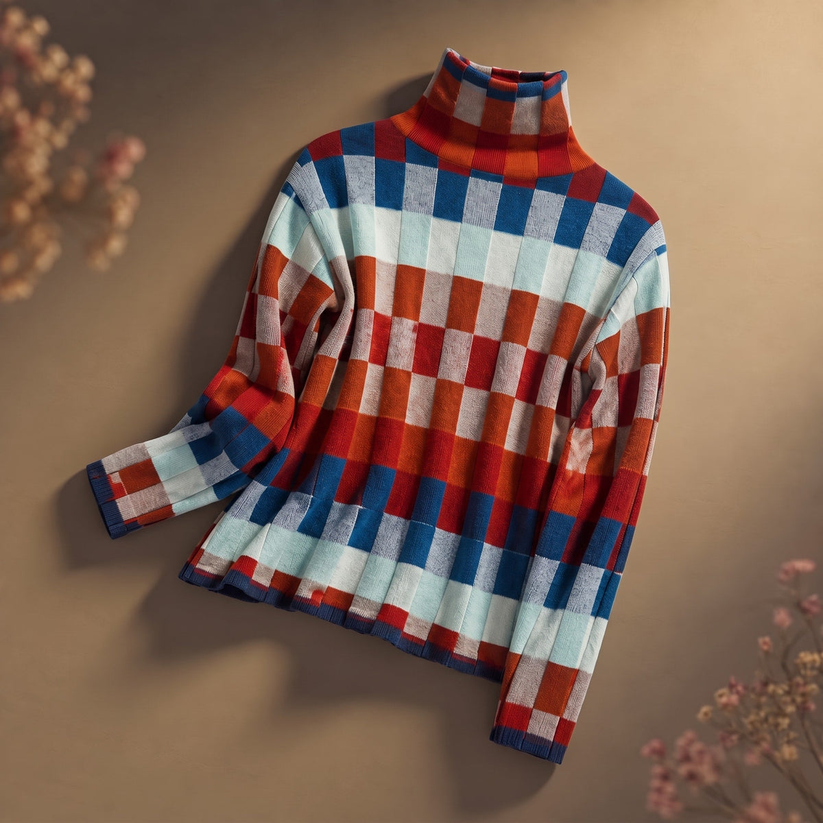 Sophie - Women's Checkered Turtleneck Sweater with Ribbed Cuffs - Sweater - Red - Parker&Brooks
