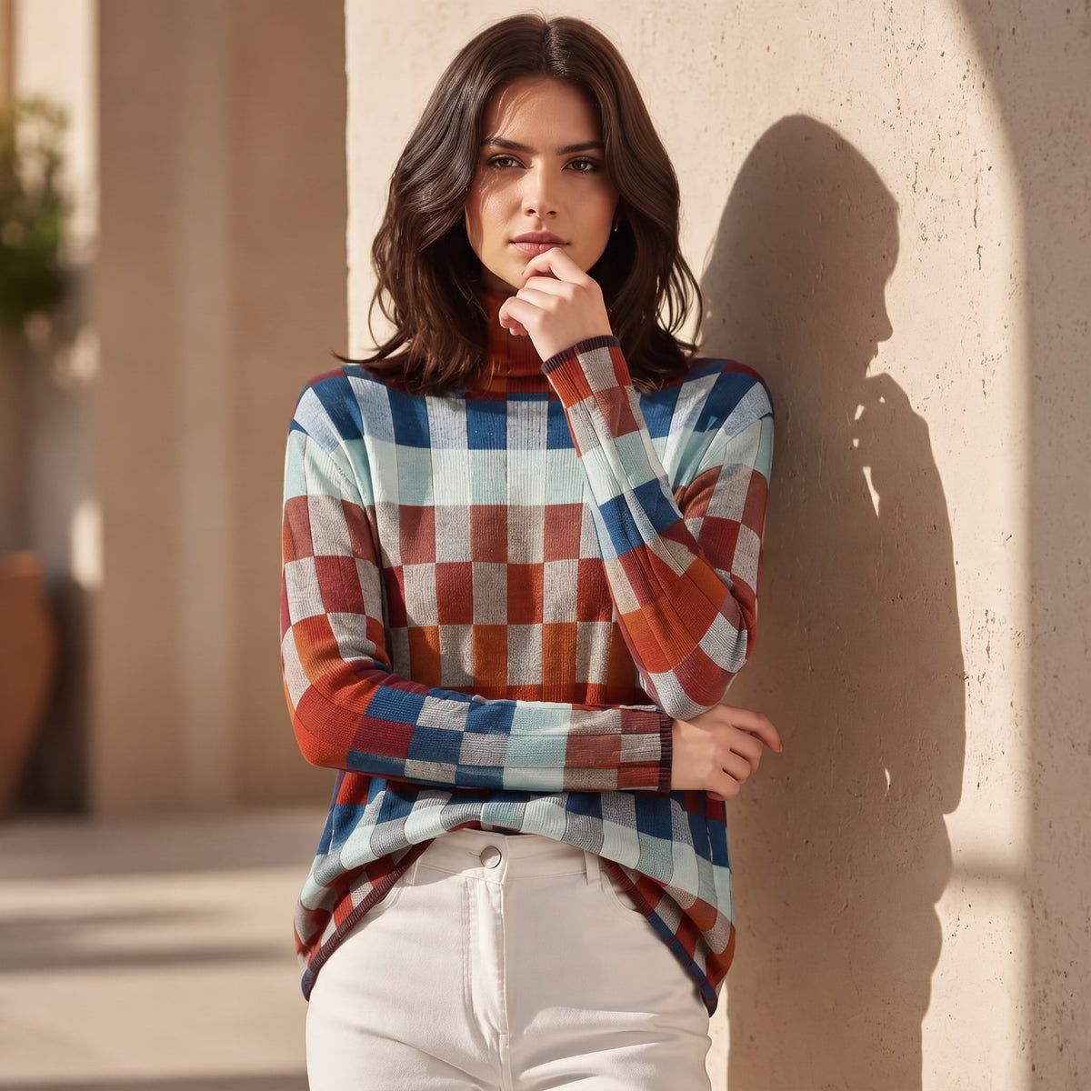 Sophie - Women's Checkered Turtleneck Sweater with Ribbed Cuffs - Sweater - Red - Parker&Brooks