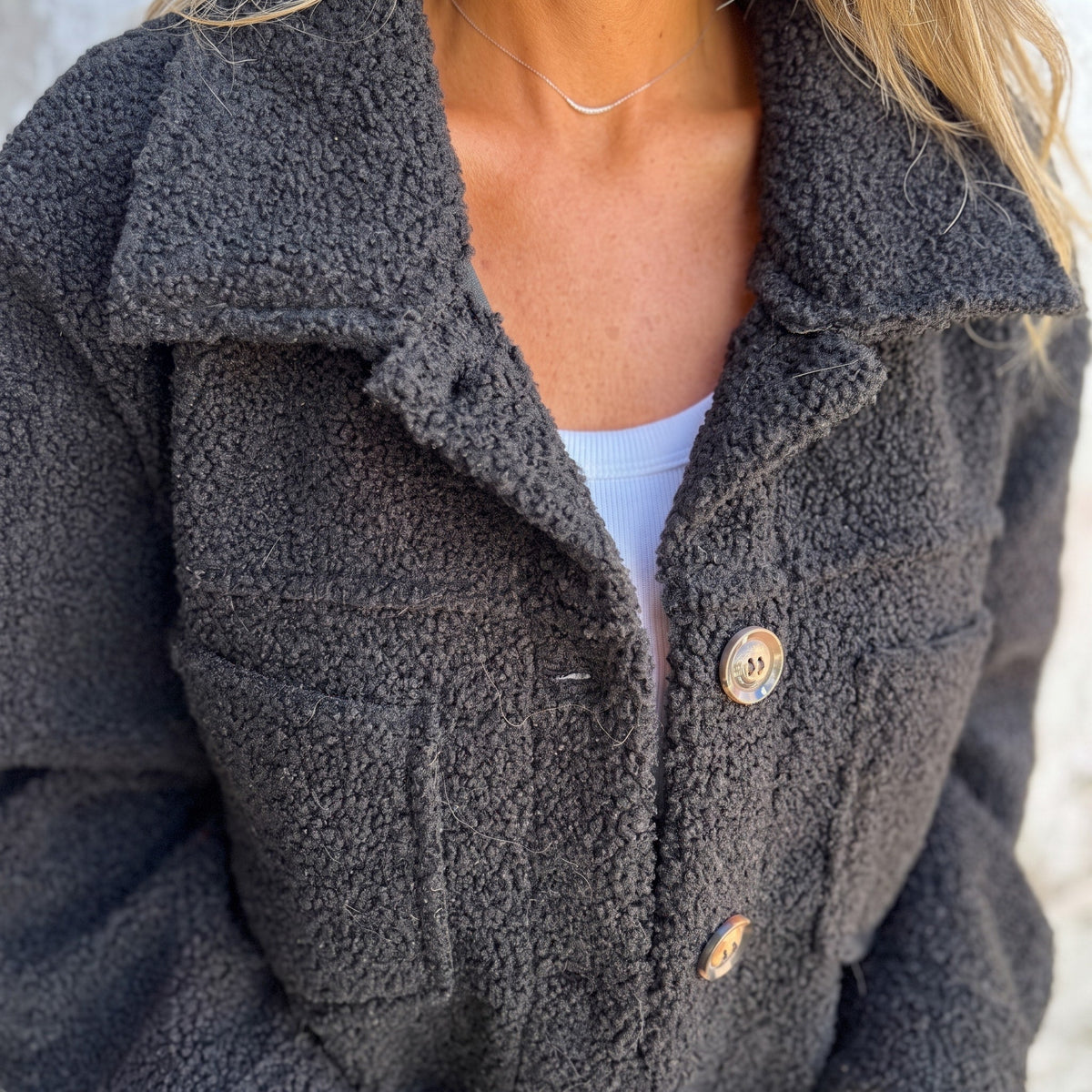 Sophie - Women's Collared Button-Front Teddy Shacket with Patch Pockets - Coats & Jackets - Black - Sarvento