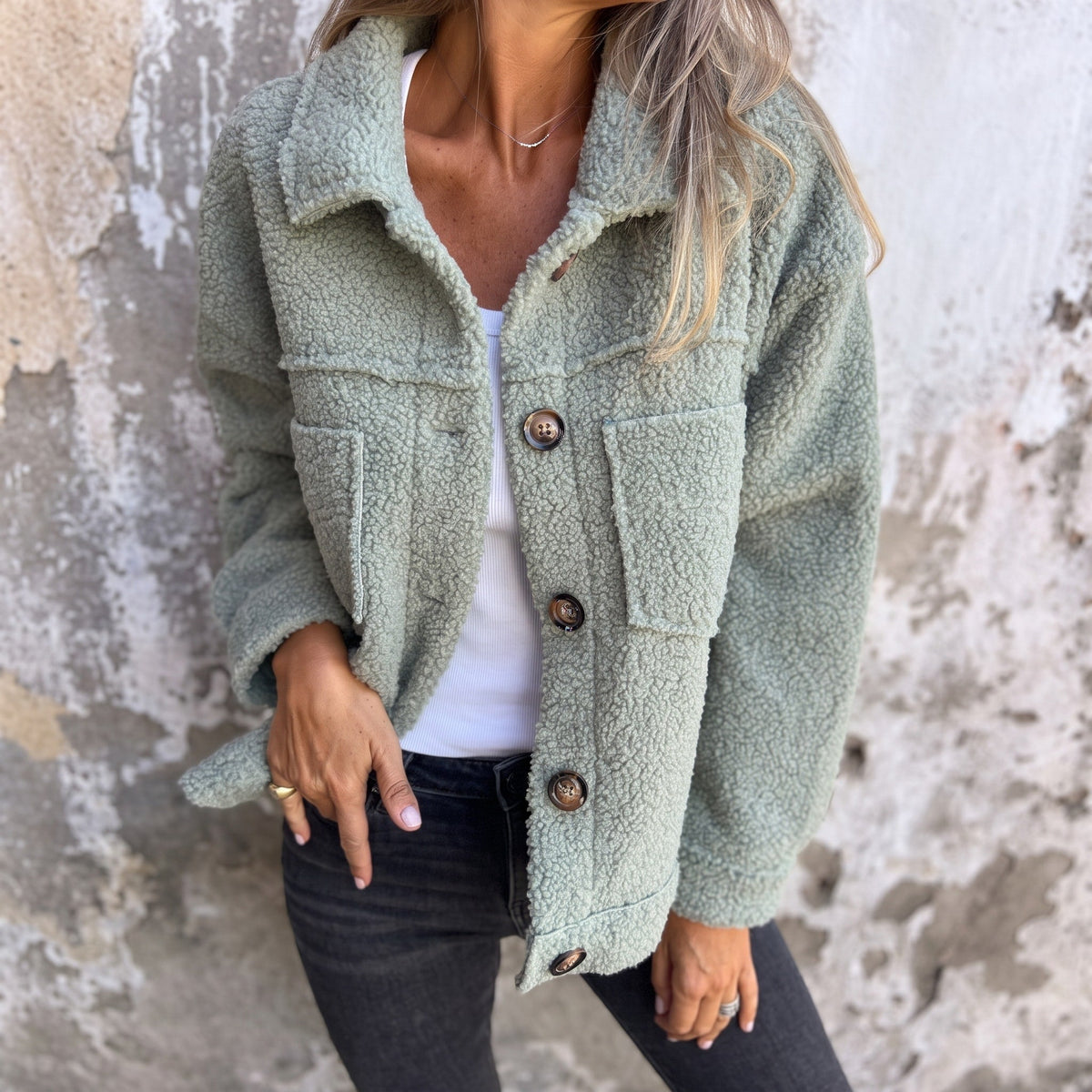 Sophie - Women's Collared Button-Front Teddy Shacket with Patch Pockets - Coats & Jackets - Green - Sarvento