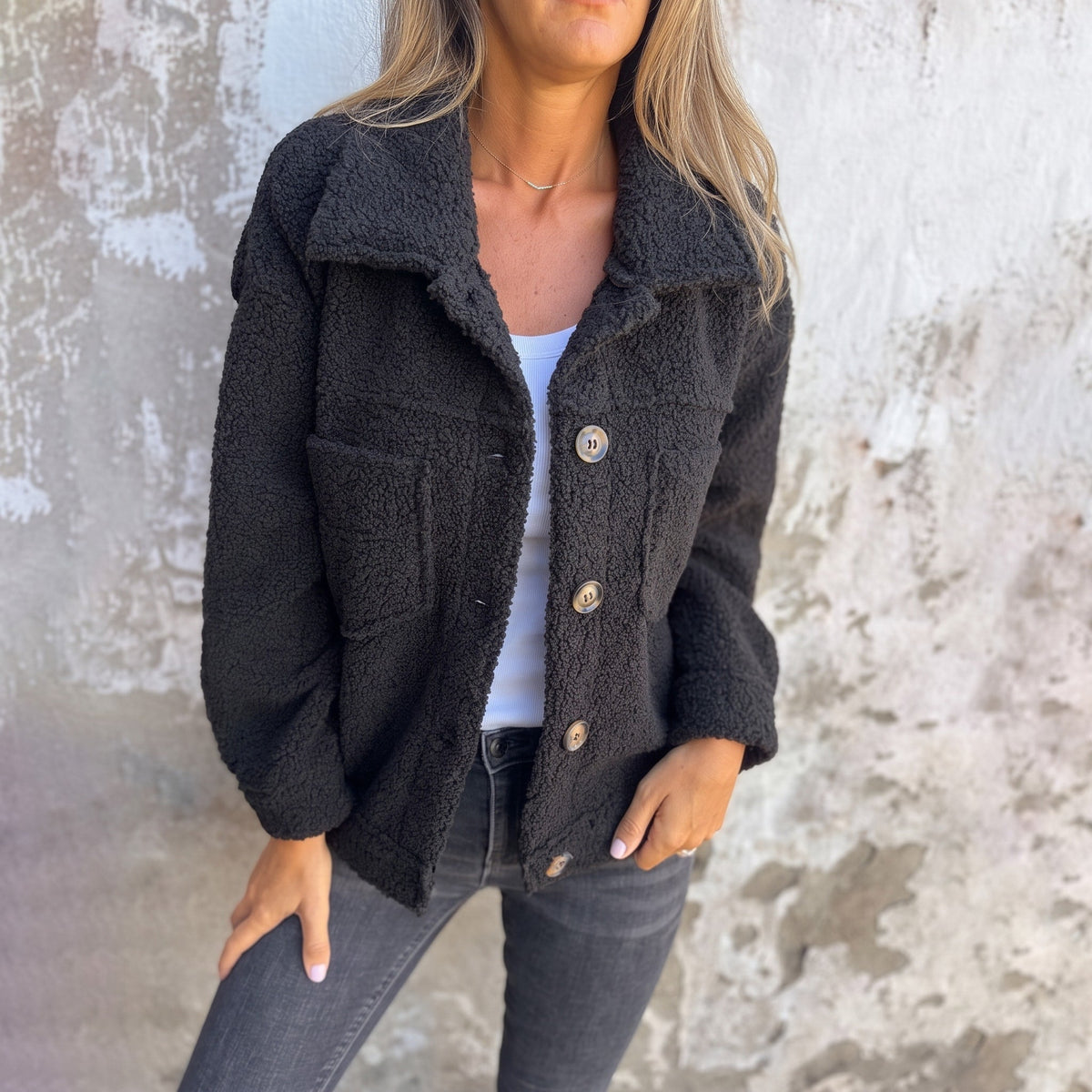 Sophie - Women's Collared Button-Front Teddy Shacket with Patch Pockets - Coats & Jackets - Black - Sarvento