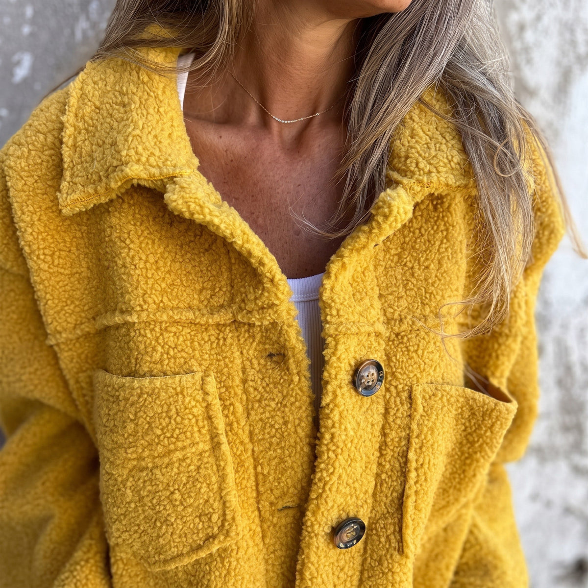 Sophie - Women's Collared Button-Front Teddy Shacket with Patch Pockets - Coats & Jackets - Yellow - Sarvento