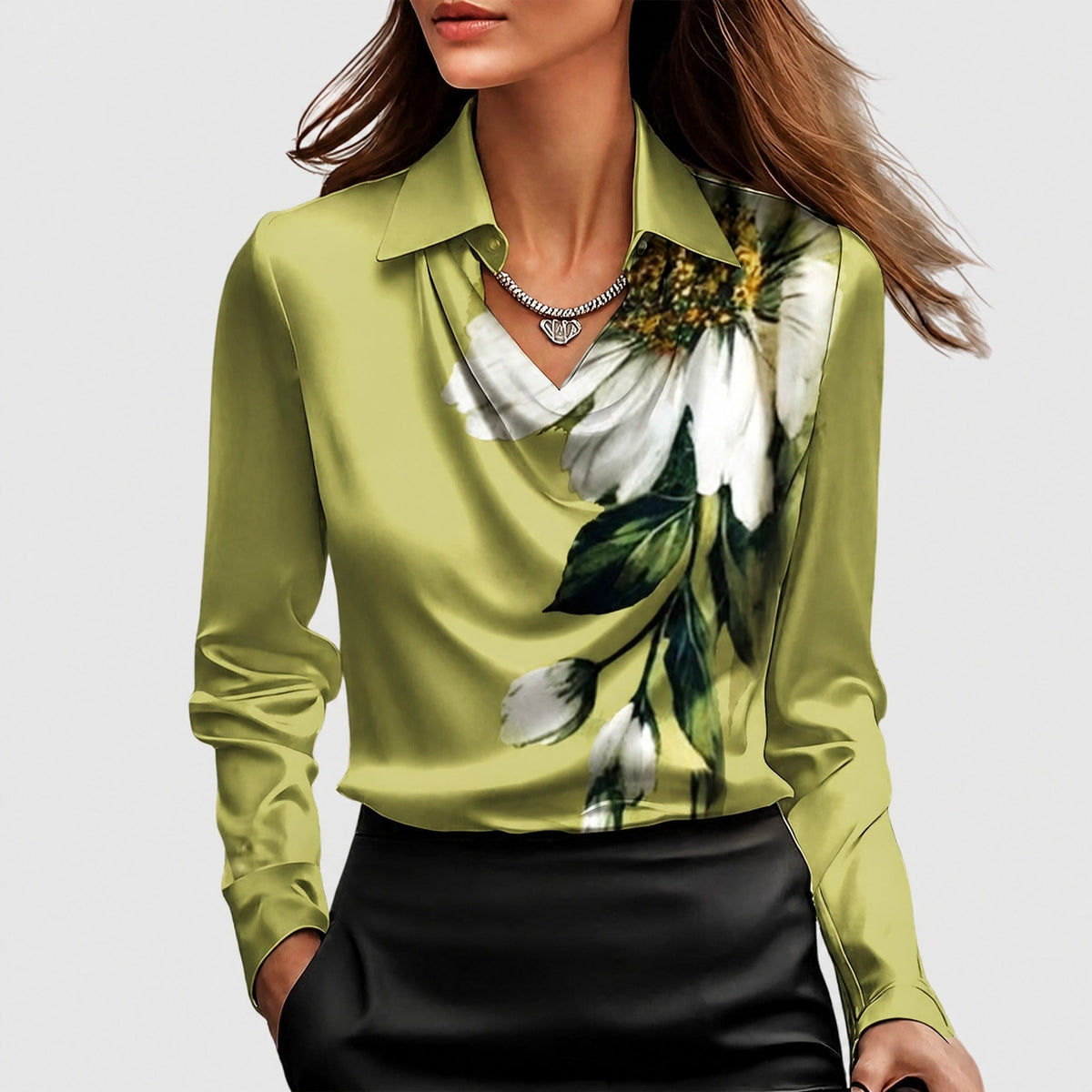 Sophie - Women's Cowl Neck Draped Blouse with Draped Collar - Blouses - Green - Parker&Brooks
