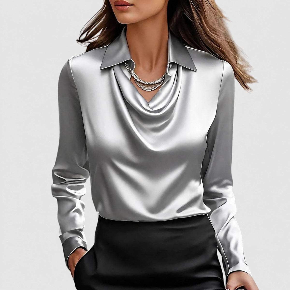 Sophie - Women's Cowl Neck Draped Blouse with Draped Collar - Blouses - Silver - Parker&Brooks