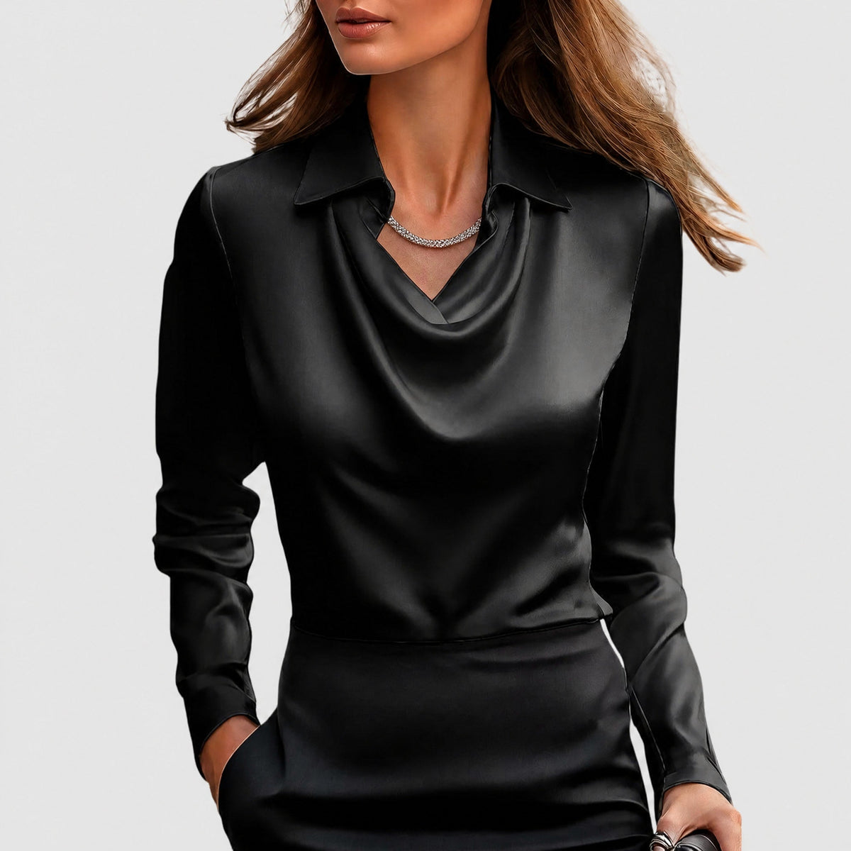 Sophie - Women's Cowl Neck Draped Blouse with Draped Collar - Blouses - Black - Parker&Brooks