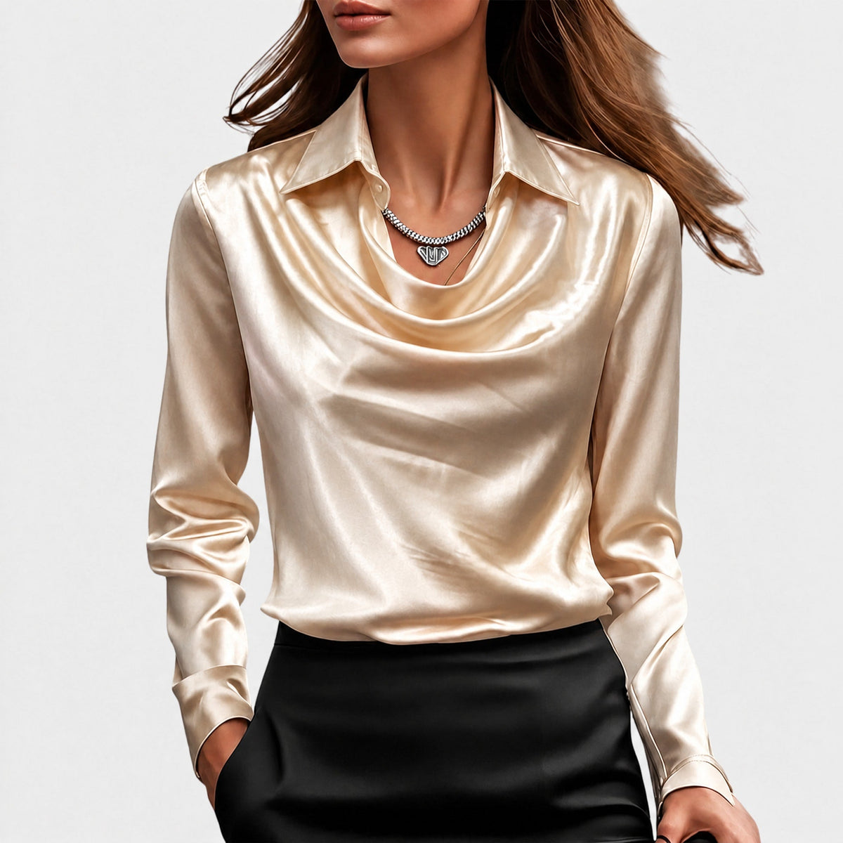 Sophie - Women's Cowl Neck Draped Blouse with Draped Collar - Blouses - Beige - Parker&Brooks
