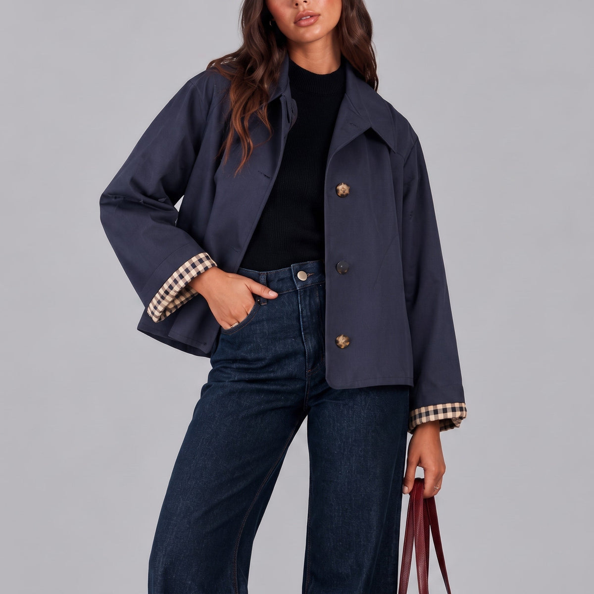 Sophie – Women’s Cropped Collared Button-Front Jacket with Plaid Cuffs - Trucker Jackets - Navy - Sarvento