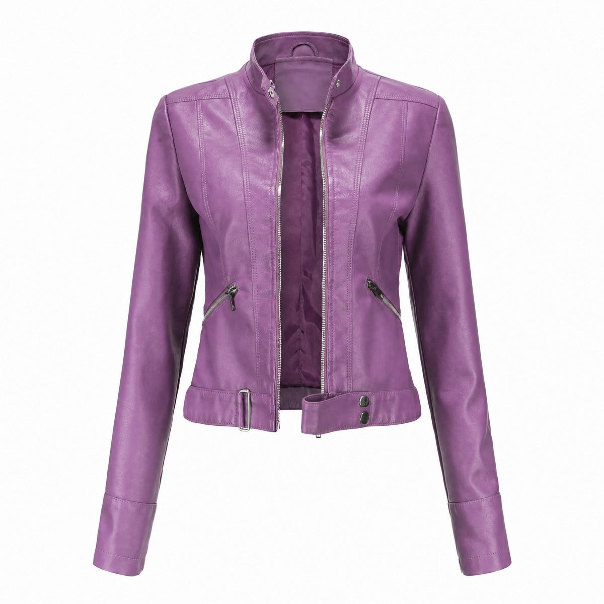 Sophie - Women's Cropped Moto Jacket with Stand Collar and Zip Pockets - Motorcycle Outerwear - Purple - Parker&Brooks