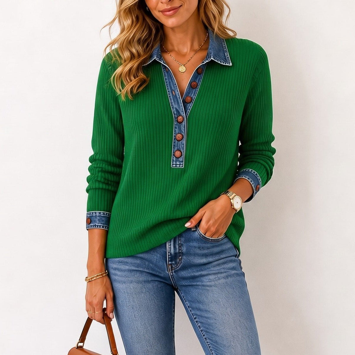 Sophie - Women's Denim Trim Henley Sweater with Contrast Collar - Sweater - Green - Sarvento