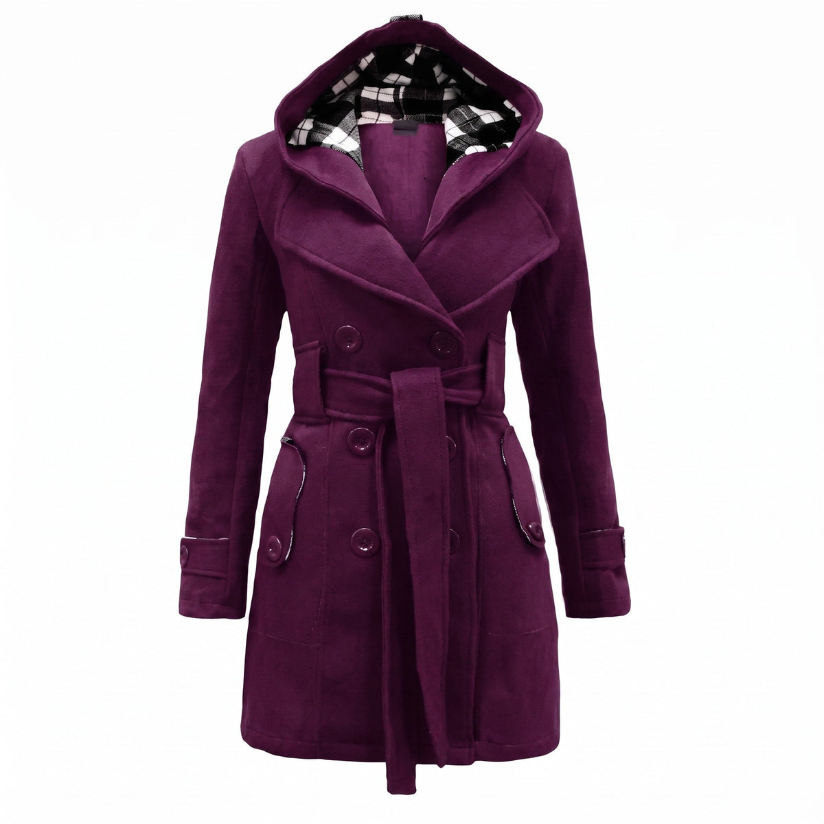 Sophie - Women's Double-Breasted Hooded Wool Coat with Belted Waist - Trench Coats - Purple - Parker&Brooks