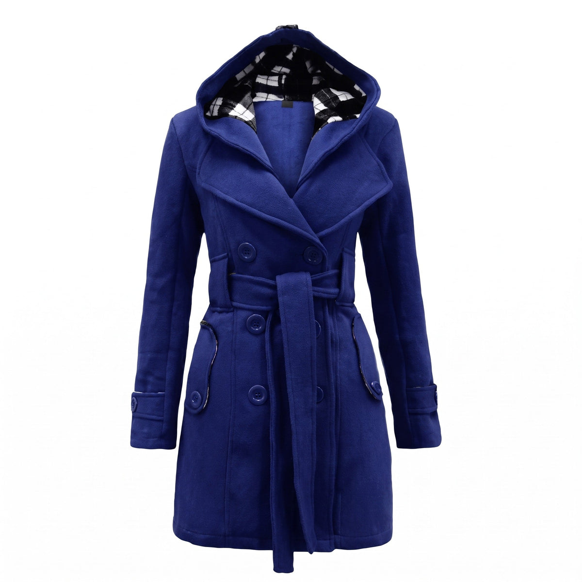 Sophie - Women's Double-Breasted Hooded Wool Coat with Belted Waist - Trench Coats - Blue - Parker&Brooks