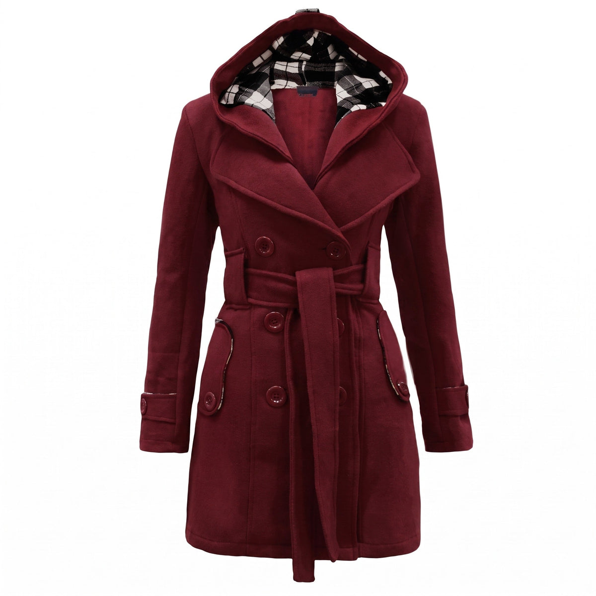 Sophie - Women's Double-Breasted Hooded Wool Coat with Belted Waist - Trench Coats - Burgundy - Parker&Brooks