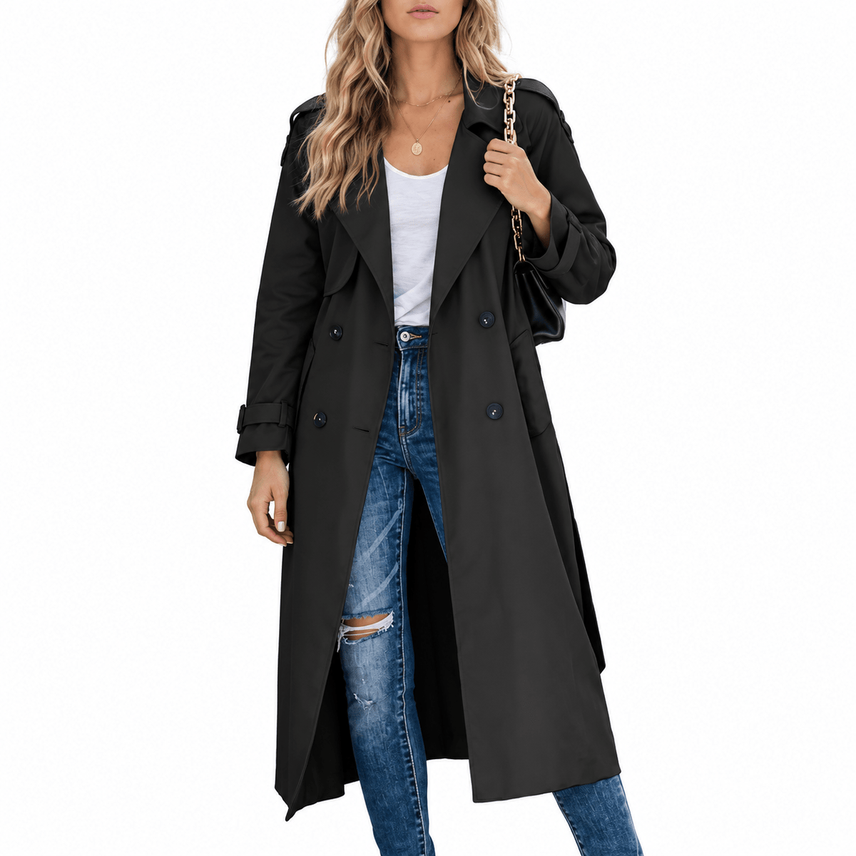 Sophie - Women's Double-Breasted Longline Trench Coat with Belt - Trench Coats - Black - Sarvento