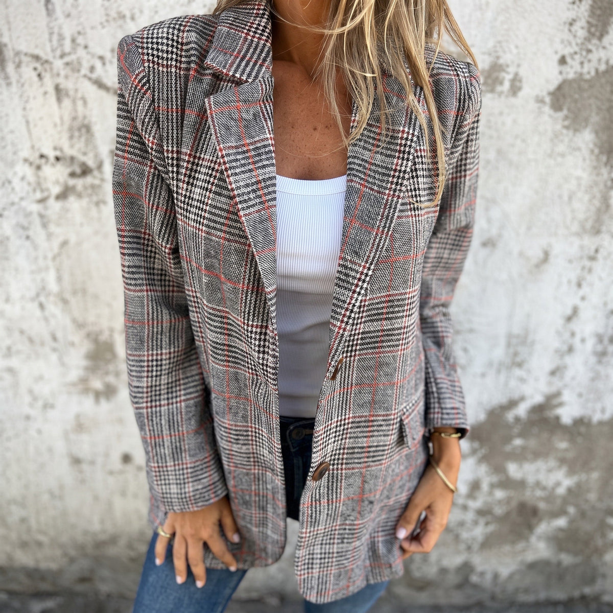 Sophie - Women's Double-Breasted Plaid Blazer with Notch Lapel - Blazers - Brown - Parker&Brooks