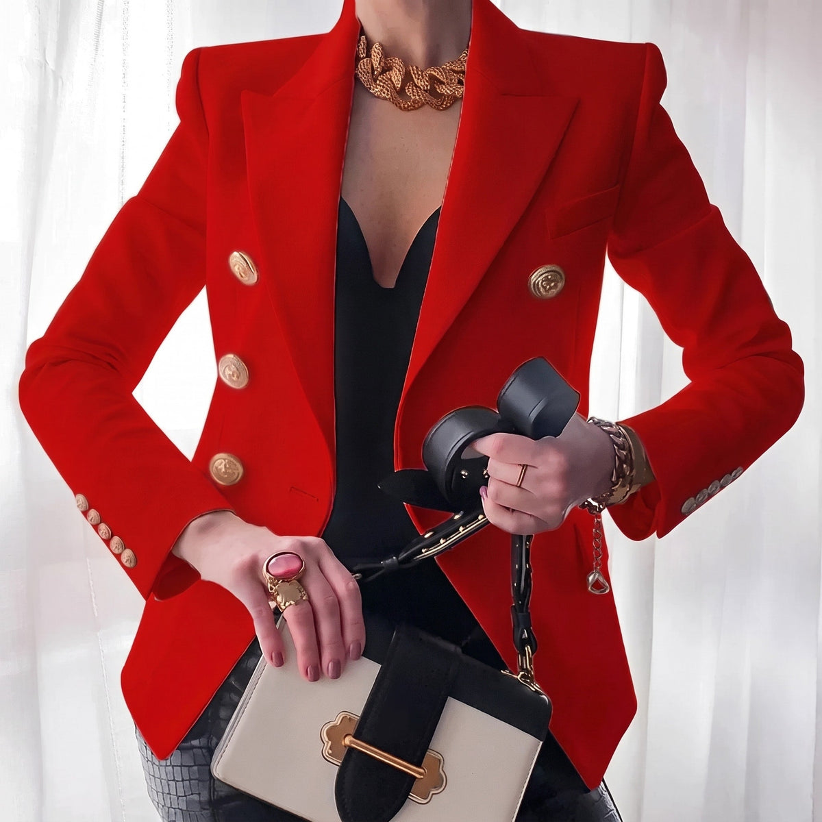 Sophie - Women's Double-Breasted Tailored Blazer with Gold Buttons - Blazers - Red - Sarvento