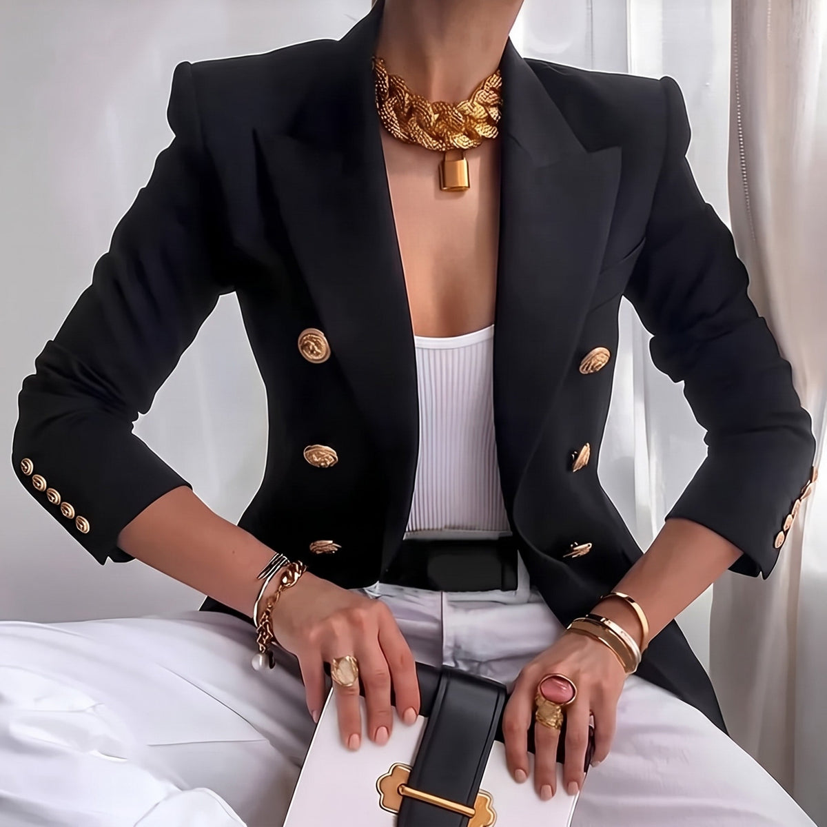 Sophie - Women's Double-Breasted Tailored Blazer with Gold Buttons - Blazers - Black - Sarvento